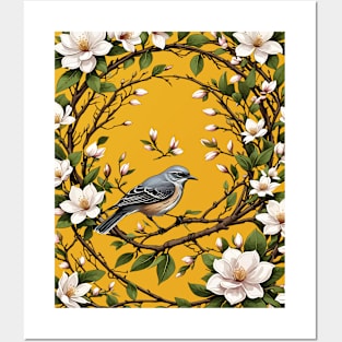 Mississippi Northern Mockingbird And Magnolia Flowers Posters and Art